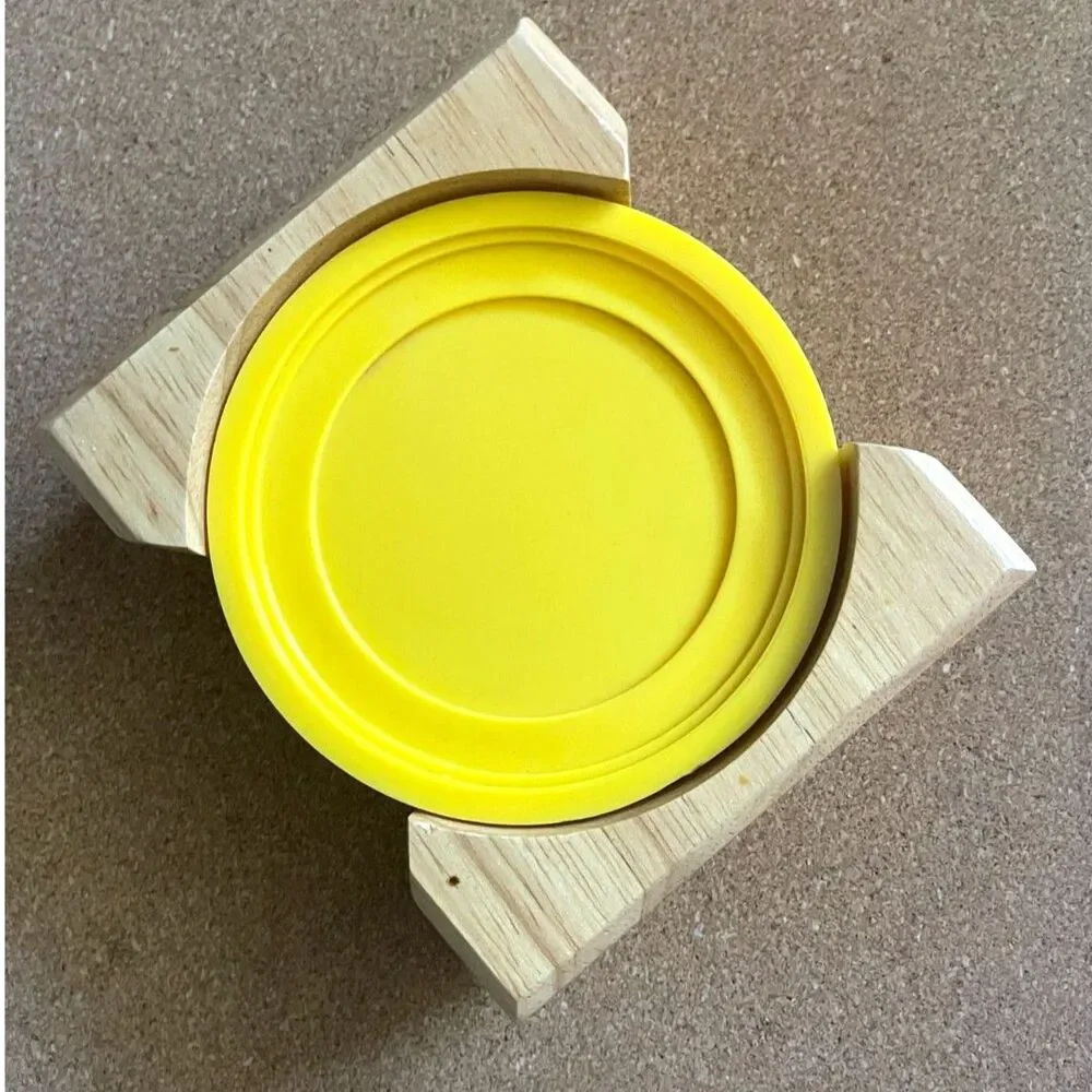 Vintage Retro GROOVY 1970 Coaster PLASTIC With Wood Holder Cameleon MCM